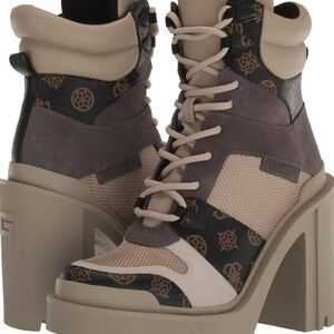 Guess Beige and Dark Brown Heeled Boots with Chunky Heel